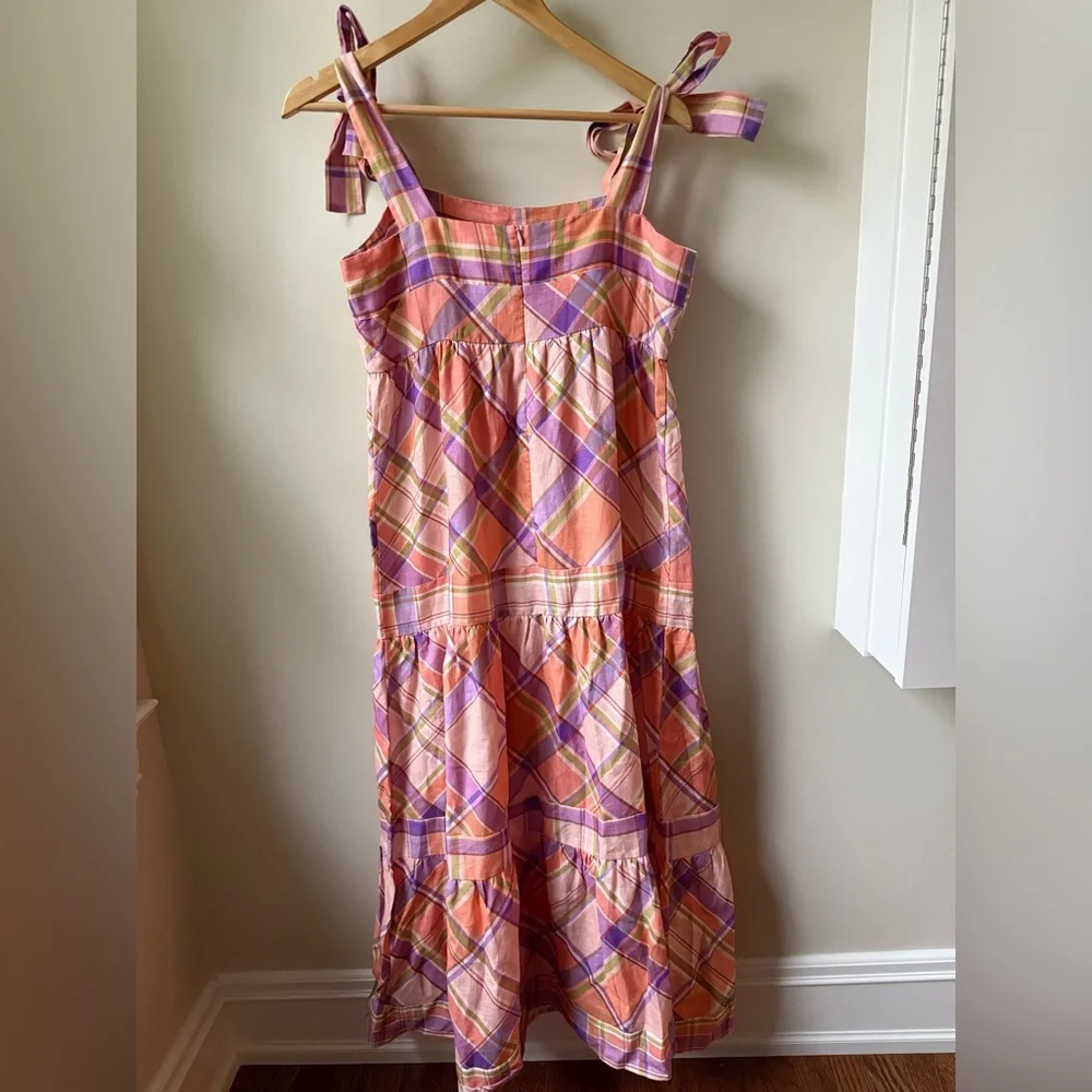 KACHEL Anthropologie Tie‎ Stripe Linen Maxi Dress Tiered Coquette Cottagecore M